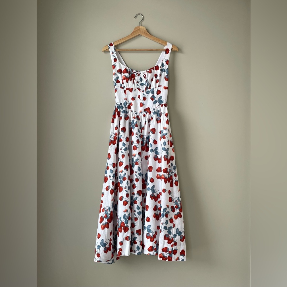 NEW Reformation Balia Midi Linen Dress in Strawberry Jam White Red | size 0 - Picture 7 of 14